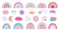 Boho weather elements, rainbow and clouds. Colorful cartoon rainbows, decorative baby stickers. Cute elements for diary