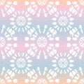 Boho White Tie-Dye Shibori Mirrored Sunburst Mandala on Holographic Background Vector Seamless Pattern