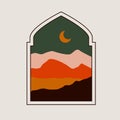 Boho window mountain landscape. Modern islamic arch moon crescent oriental abstract boho art. Vector illustration