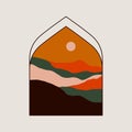 Boho window mountain landscape. Modern minimal islamic arch moon oriental abstract contemporary art. Vector illustration