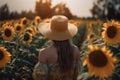 boho woman in hat seen from behind . sunflowers field , ai generative