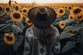 boho woman in hat seen from behind . sunflowers field , ai generative