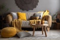 boho yellow house modern home cushion pillow grey decor interior sofa. Generative AI.