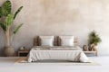 Bohostyle Bedroom With Beige Kingsize Bed And Tropical Plant