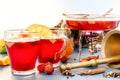 Boil mulled wine and punch. Glass jars with mulled wine. Spices, fruit Royalty Free Stock Photo