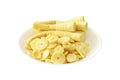 Boiled bamboo shoots in water in a white bowl.