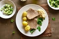 Boiled beef with potatoes and horseradish