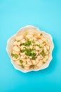 boiled big white beans with sauce on white bowl Royalty Free Stock Photo