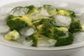 Boiled broccoli in cold water with ice cubes