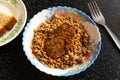 Boiled buckwheat with meat cutlet on table Royalty Free Stock Photo