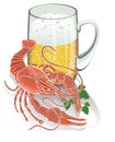 Boiled cancer with a mug of beer. Illustration