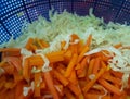 Boiled carrots and cabbage for diet food. Prepare ingredient food for vegan mixed vermicelli with vegetables