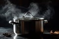 Boiled casserole with steam on cooker dark kitchen. AI generated.