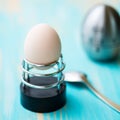 Boiled chicken egg in a metallic support Royalty Free Stock Photo