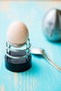 Boiled chicken egg in a metallic support Royalty Free Stock Photo