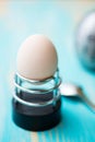 Boiled chicken egg in a metallic support Royalty Free Stock Photo