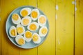 Boiled chicken eggs on a blue ceramic plate. The concept of Easter Holidays Royalty Free Stock Photo