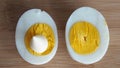 Boiled chicken eggs. Mayonnaise cream sauce is placed on the half of the egg.