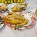 Boiled chicken for make a sacrifice to gods (among the Chinese)