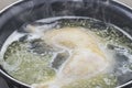 Boiled chicken in a pot broth close-up with blurred background and front Royalty Free Stock Photo
