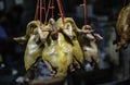 Boiled chicken tied with straw ropes hanging for sale at Yaowarat Market, Bangkok Royalty Free Stock Photo