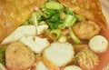 Boiled Chinese Hakka meatball made from chop pork stuffing fried tofu with bean sprout in red sauce soup on bowl Royalty Free Stock Photo