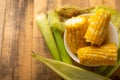 Boiled corn cob in a plate with butter, on wooden textures and green stalks of corn, tasty homemade food, for a picnic, with space Royalty Free Stock Photo