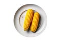 Boiled Corn On The Cob On White Plate, On White Background