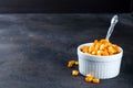 Boiled corn kernels in white cups Royalty Free Stock Photo