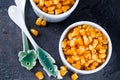 Boiled corn kernels in white cups Royalty Free Stock Photo