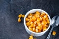 Boiled corn kernels in white cups Royalty Free Stock Photo
