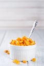 Boiled corn kernels in white cups Royalty Free Stock Photo