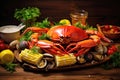 Boiled crab, shrimp and musselson wooden table