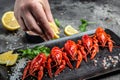 Boiled crawfish with splash drops of lemon juice in freeze motion. Food recipe background. Crayfish party, restaurant, Close up Royalty Free Stock Photo