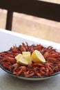 Boiled crayfish. Arranged on a large platter. Garnished with lemon slices. Close-up. Royalty Free Stock Photo