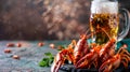 boiled crayfish with dill and a glass of cold beer Royalty Free Stock Photo