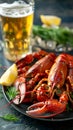 boiled crayfish with dill and a glass of cold beer Royalty Free Stock Photo