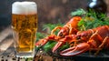 boiled crayfish with dill and a glass of cold beer Royalty Free Stock Photo