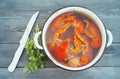 Boiled crayfish in a pan, greens of parsley and a knife Royalty Free Stock Photo