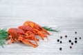 Boiled crayfish with dill and peas on the table. Royalty Free Stock Photo