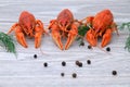 Boiled crayfish with dill and peas on the table. Royalty Free Stock Photo