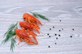 Boiled crayfish with dill and peas on the table. Royalty Free Stock Photo