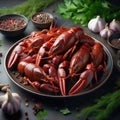 Boiled crayfish in a plate