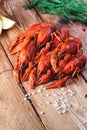 Boiled crayfish on a wooden table among spices, lemon and dill. The concept of food, beer snacks, relaxation in a bar Royalty Free Stock Photo