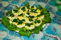 Boiled decorative stuffed eggs on a table Royalty Free Stock Photo