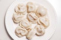 Boiled dumplings are arranged in a circle on a white plate. Royalty Free Stock Photo