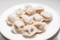 Boiled dumplings are arranged in a circle on a white plate. Royalty Free Stock Photo