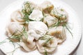 Boiled dumplings with dill and cream are arranged in a circle on a white plate. Royalty Free Stock Photo