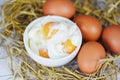 Boiled egg on bowl and fresh eggs on straw background - Soft boiled eggs