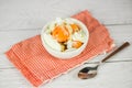 Boiled egg on bowl with sauce for breakfast on the table background - Soft boiled eggs Royalty Free Stock Photo